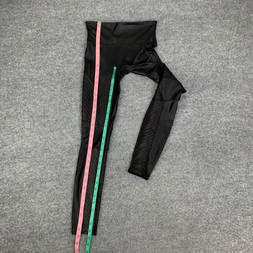 Spanx Leggings Women S Small Black Coated Faux Leather Moto Pull On Ribbed Panel